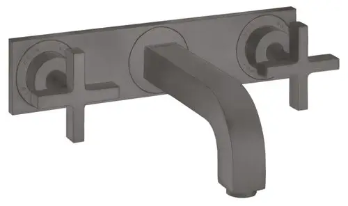 Waschtischarmatur von AXOR in Brushed Black Chrome mit zwei Kreuzgriffen und einem Auslauf, zur Wandmontage vorgesehen.